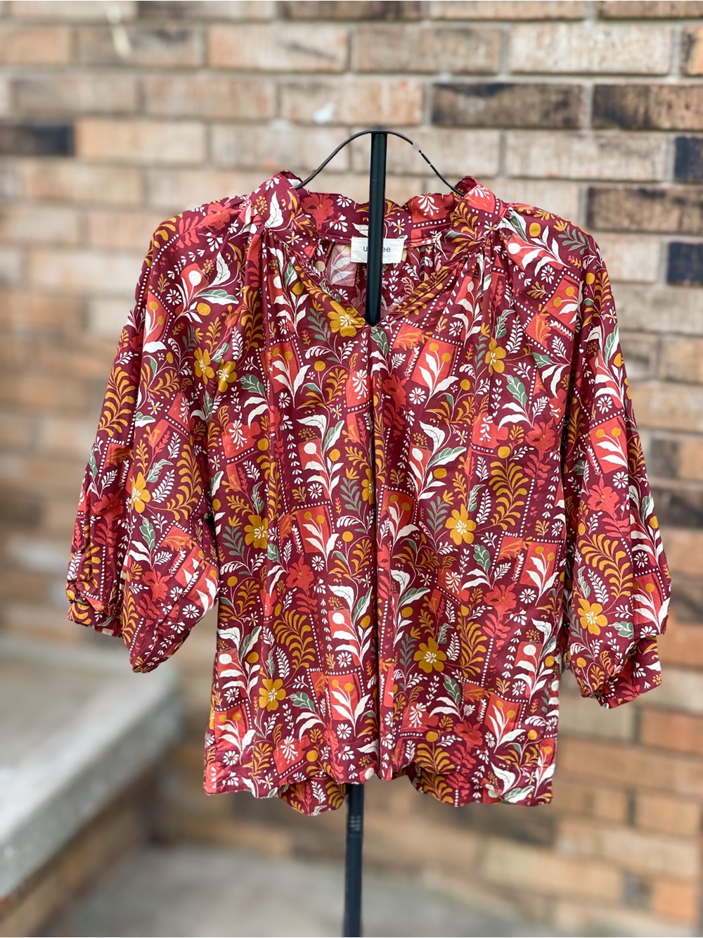 Umgee Floral Button-Front Blouse in Burgundy, Yellow and White